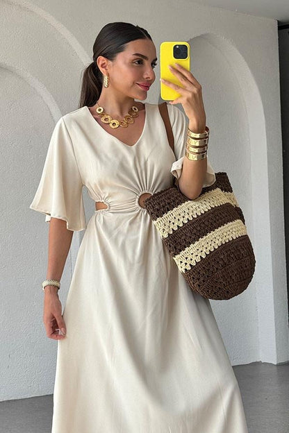 Semina Bel Dekolteli Halka Detaylı Elbise-Ekru