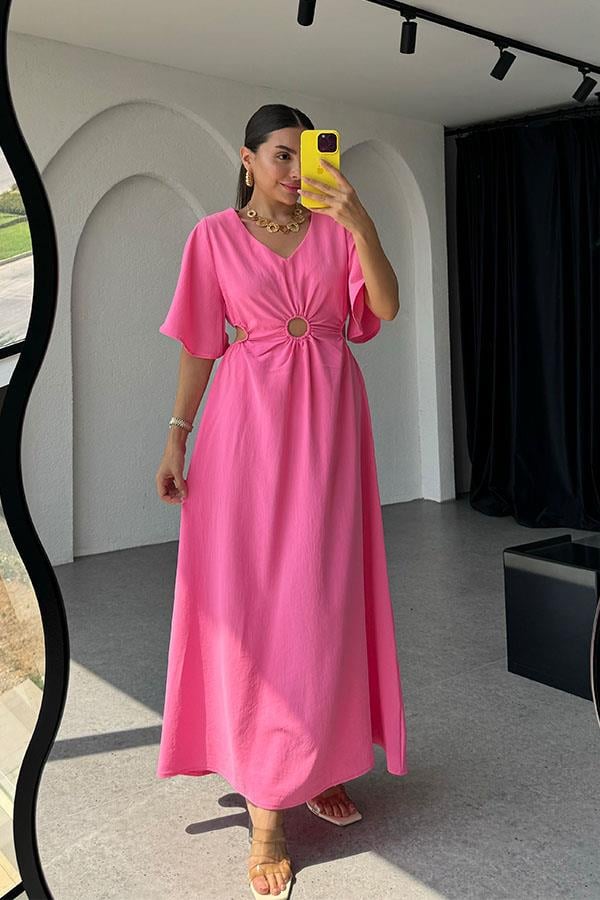 Semina Bel Dekolteli Halka Detaylı Elbise-Pembe