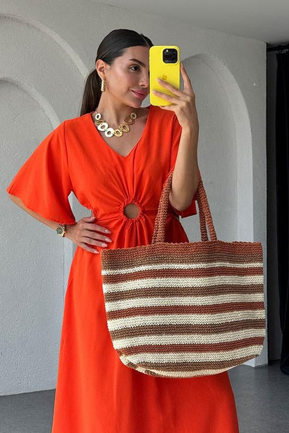 Semina Bel Dekolteli Halka Detaylı Elbise-Turuncu