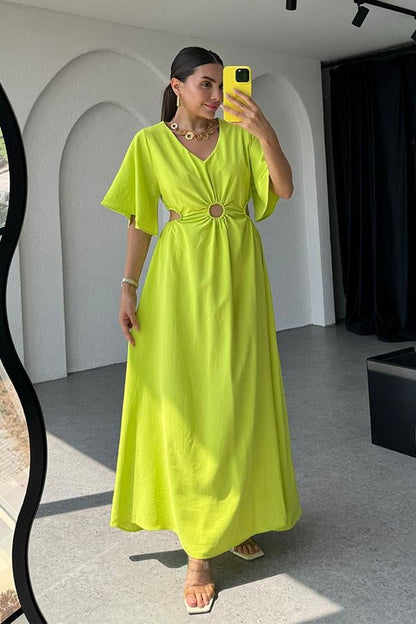 Semina Bel Dekolteli Halka Detaylı Elbise-Neon Sarı