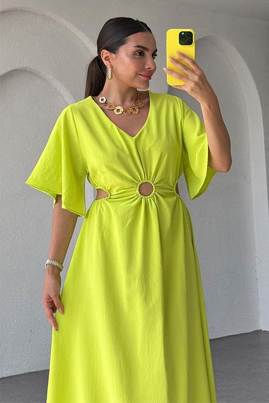 Semina Bel Dekolteli Halka Detaylı Elbise-Neon Sarı