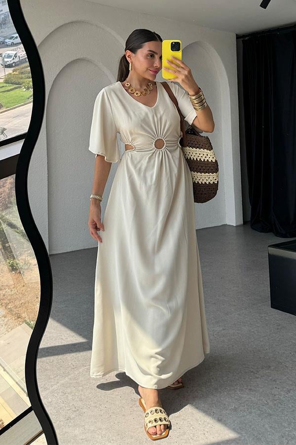 Semina Bel Dekolteli Halka Detaylı Elbise-Ekru