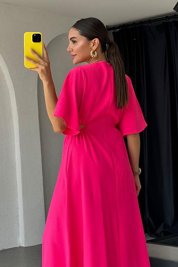 Semina Bel Dekolteli Halka Detaylı Elbise-Fuşya