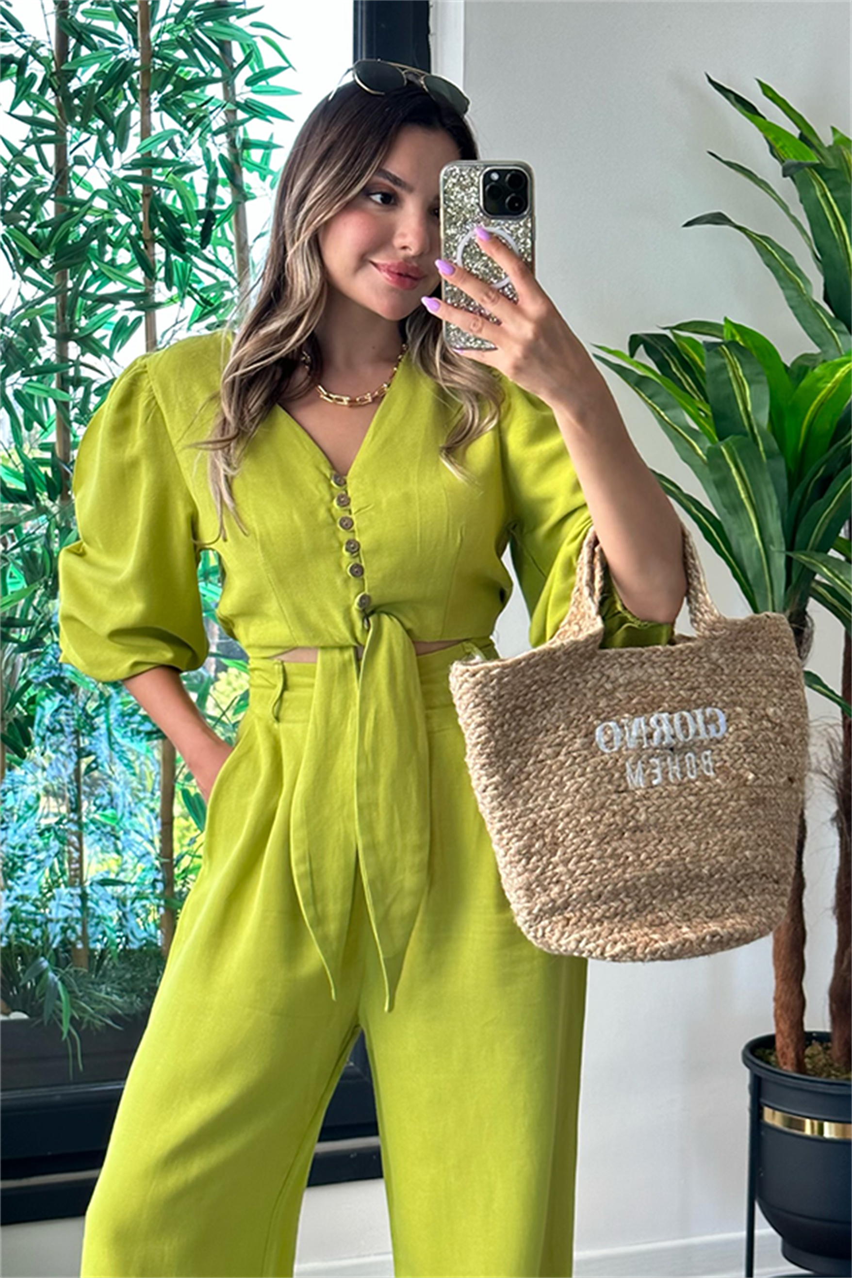 Semira önden bağlamalı keten takım - Fıstık yeşil