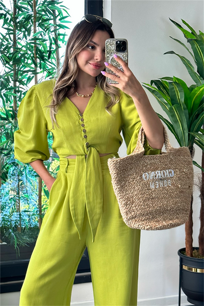 Semira önden bağlamalı keten takım - Fıstık yeşil