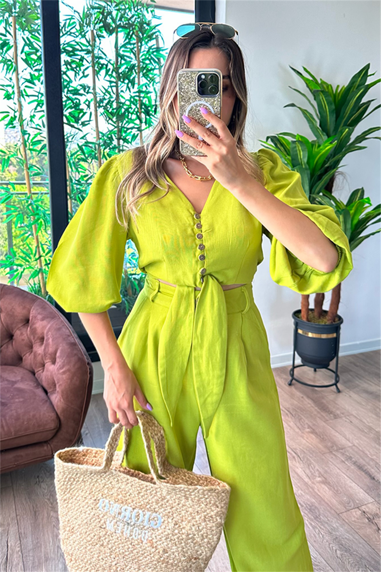 Semira önden bağlamalı keten takım - Fıstık yeşil