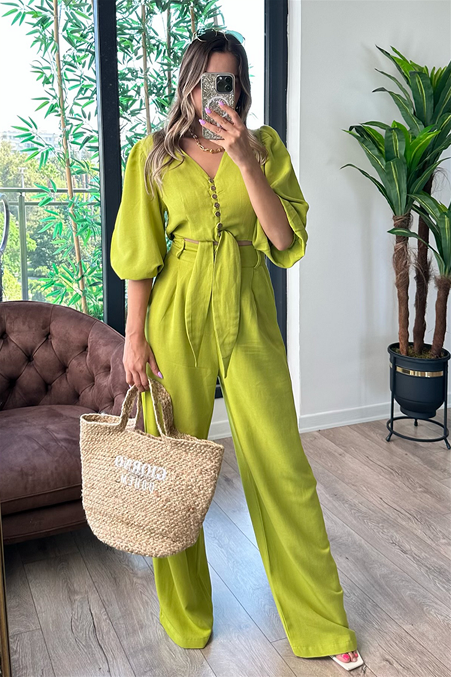 Semira önden bağlamalı keten takım - Fıstık yeşil