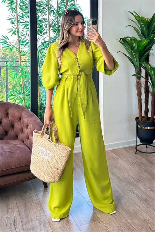 Semira önden bağlamalı keten takım - Fıstık yeşil