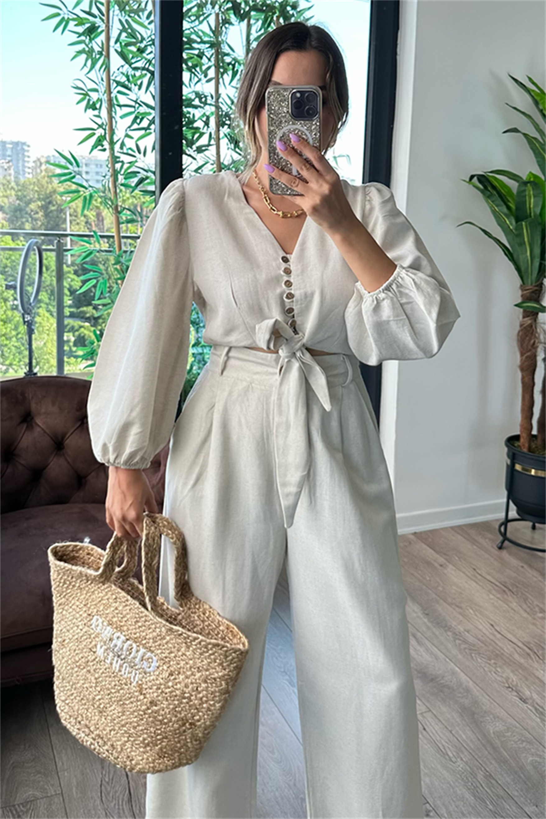 Semira önden bağlamalı keten takım - Krem