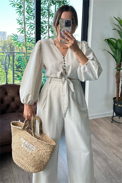 Semira önden bağlamalı keten takım - Krem