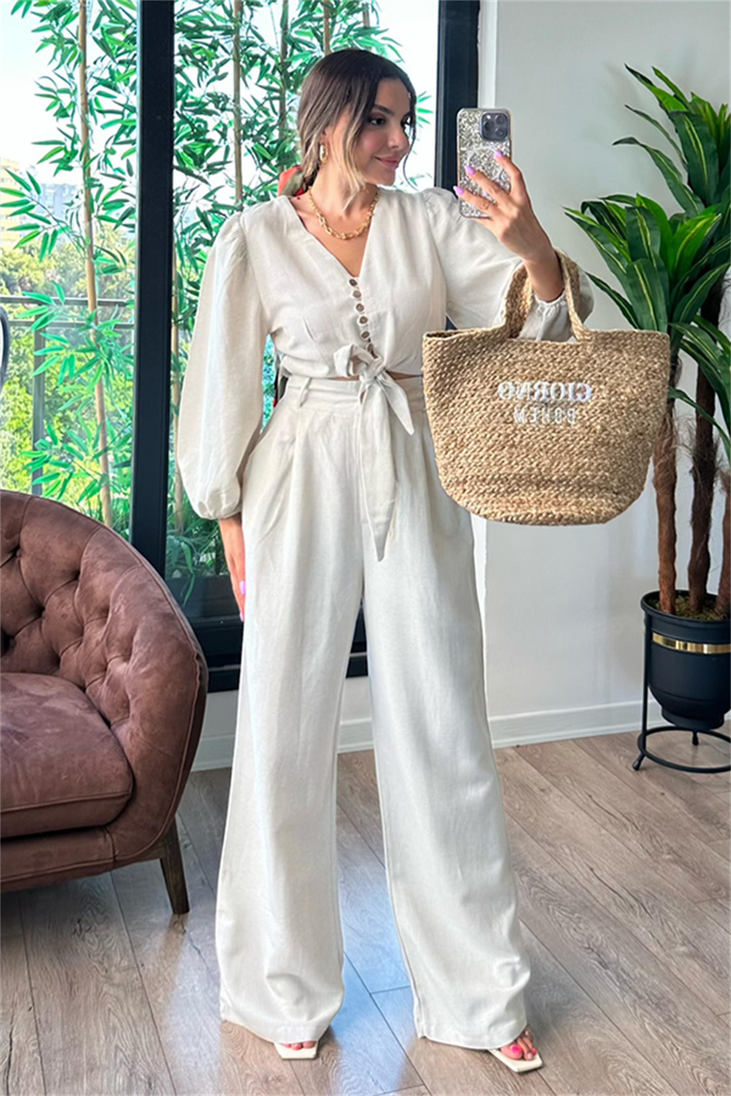 Semira önden bağlamalı keten takım - Krem