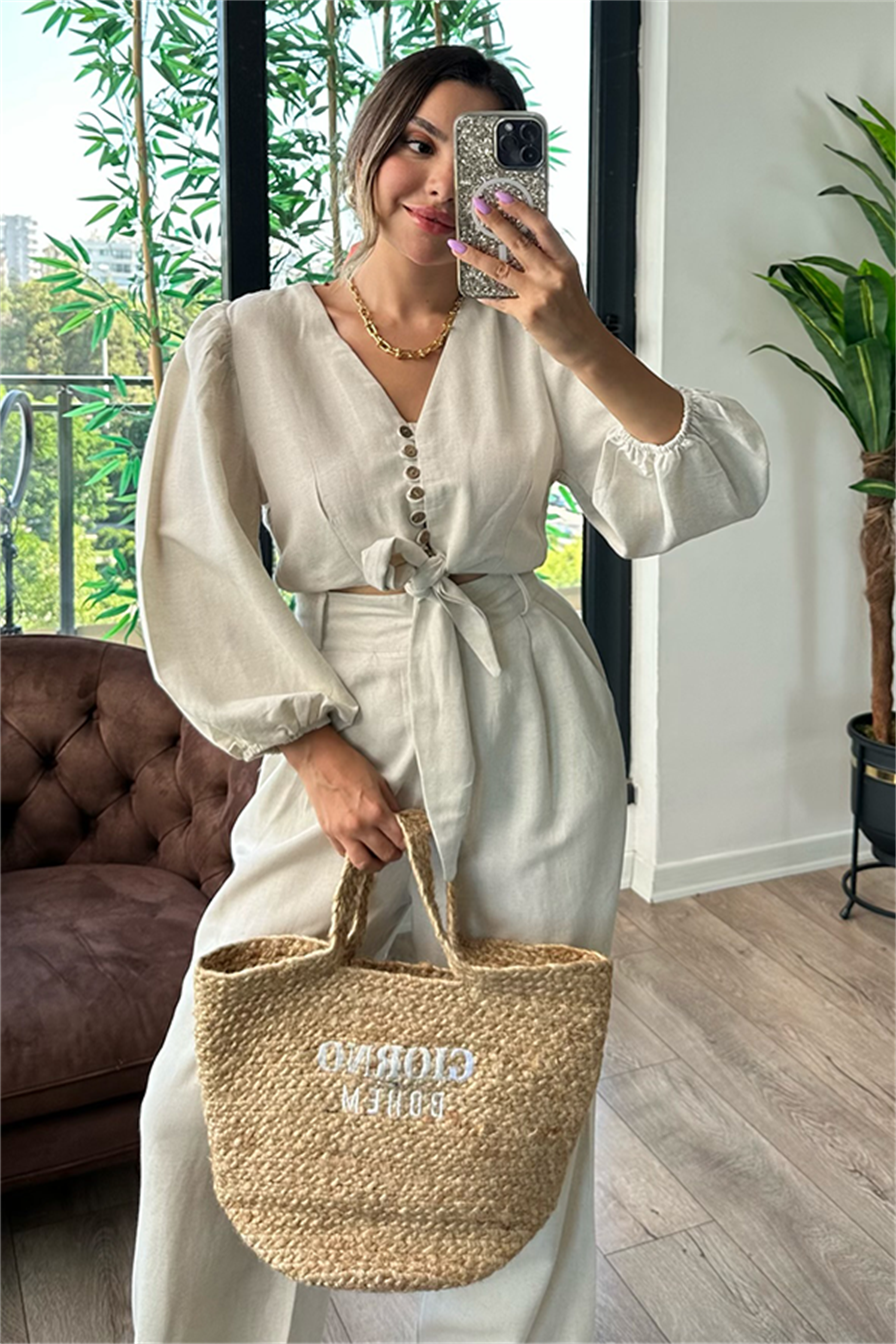 Semira önden bağlamalı keten takım - Krem