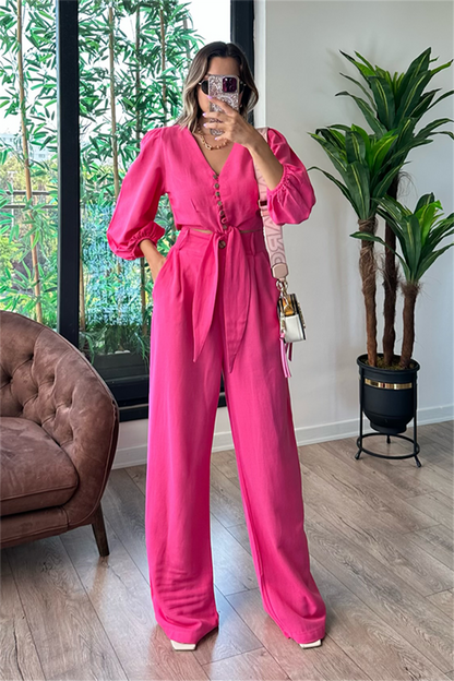 Semira önden bağlamalı keten takım - Pembe