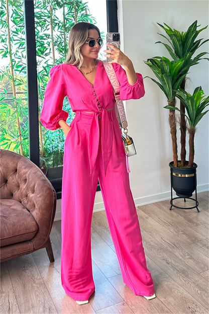 Semira önden bağlamalı keten takım - Pembe