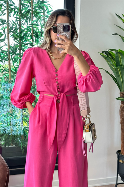 Semira önden bağlamalı keten takım - Pembe