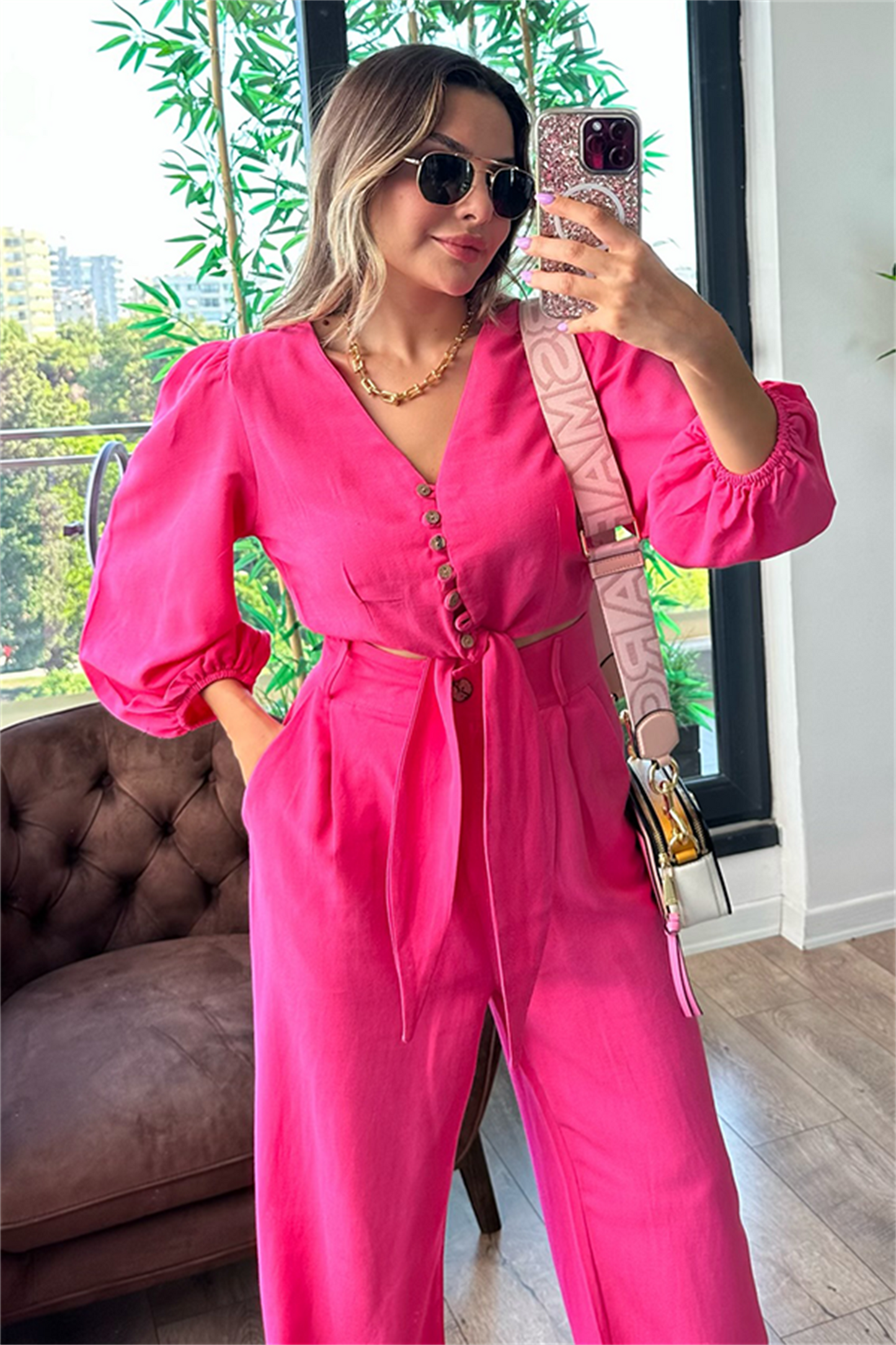 Semira önden bağlamalı keten takım - Pembe