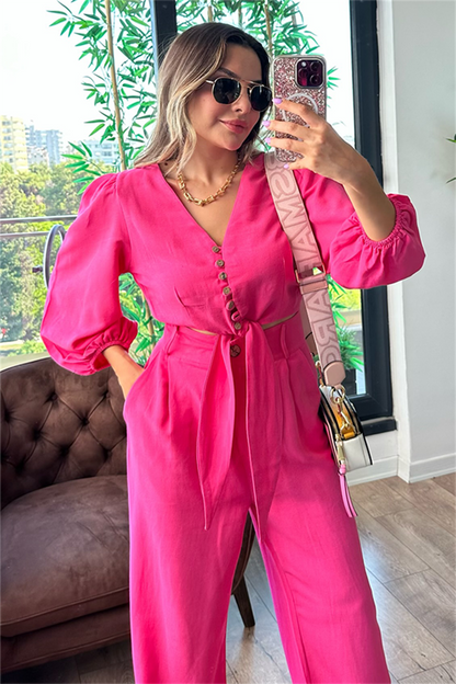 Semira önden bağlamalı keten takım - Pembe