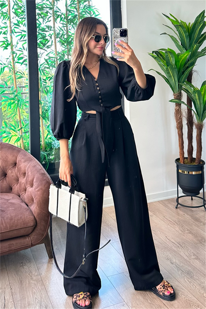 Semira önden bağlamalı keten takım - Siyah