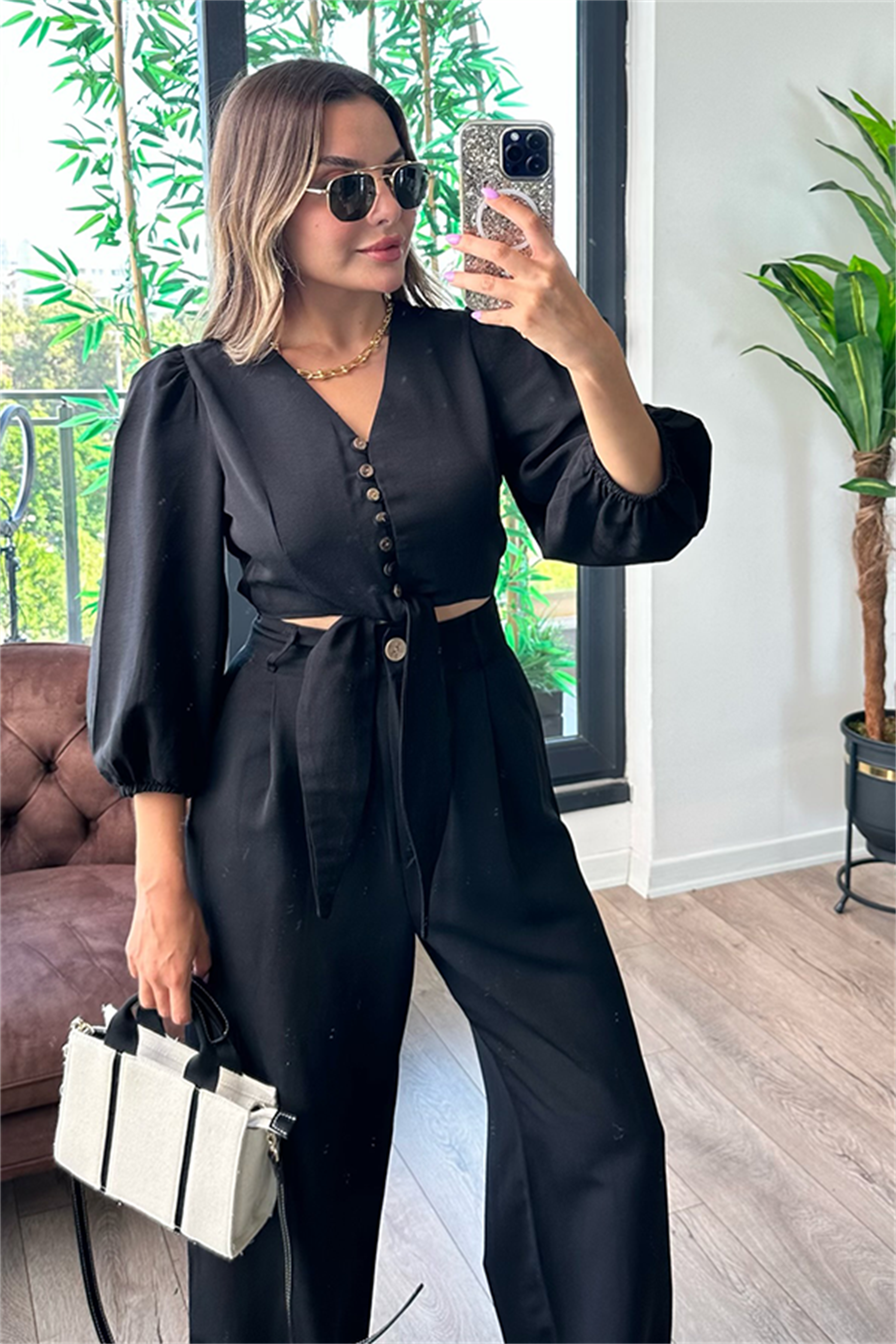 Semira önden bağlamalı keten takım - Siyah