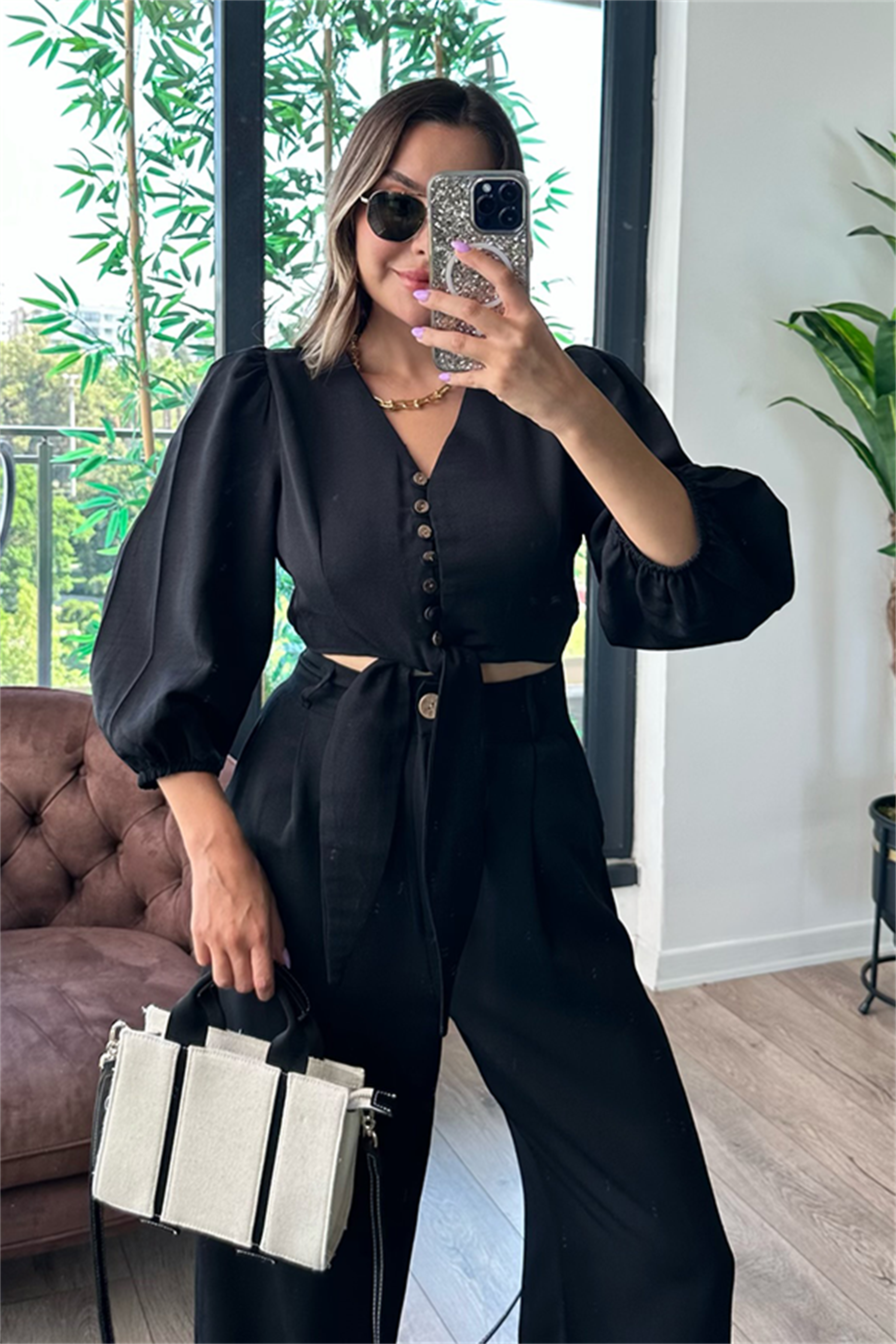 Semira önden bağlamalı keten takım - Siyah