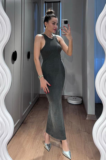 Sendy Halter Yaka Yıkama Elbise - Füme