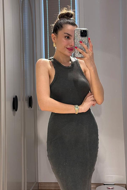 Sendy Halter Yaka Yıkama Elbise - Füme