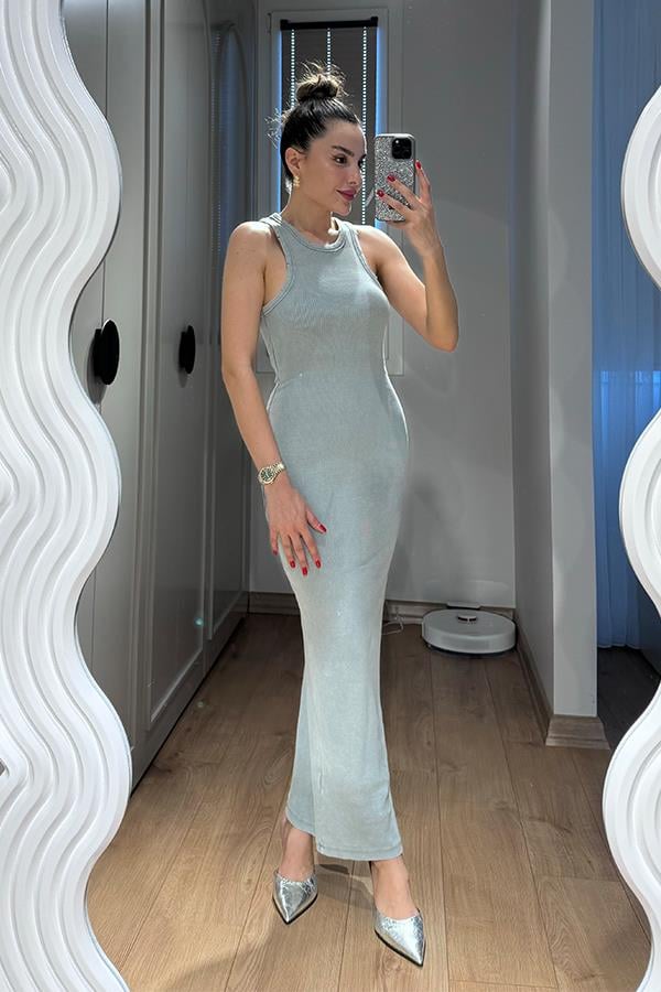 Sendy Halter Yaka Yıkama Elbise - Gri