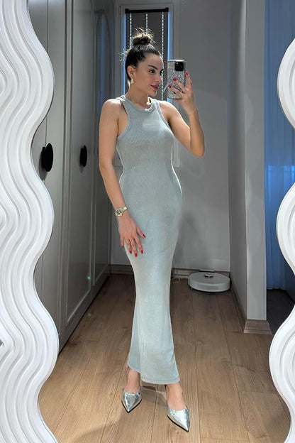 Sendy Halter Yaka Yıkama Elbise - Gri