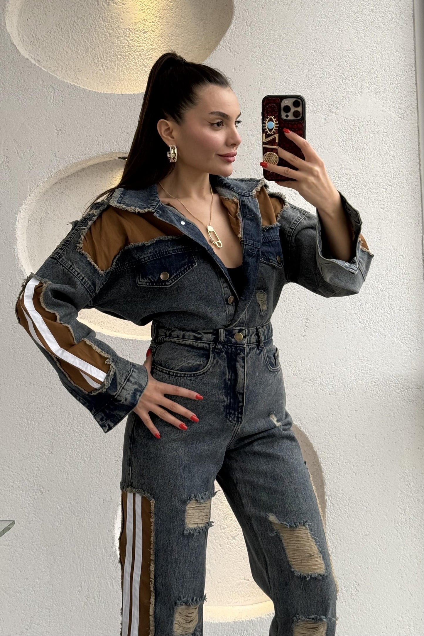 Senita Kenarları Kahve Denim Yırtıklı Takım