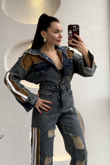 Senita Kenarları Kahve Denim Yırtıklı Takım