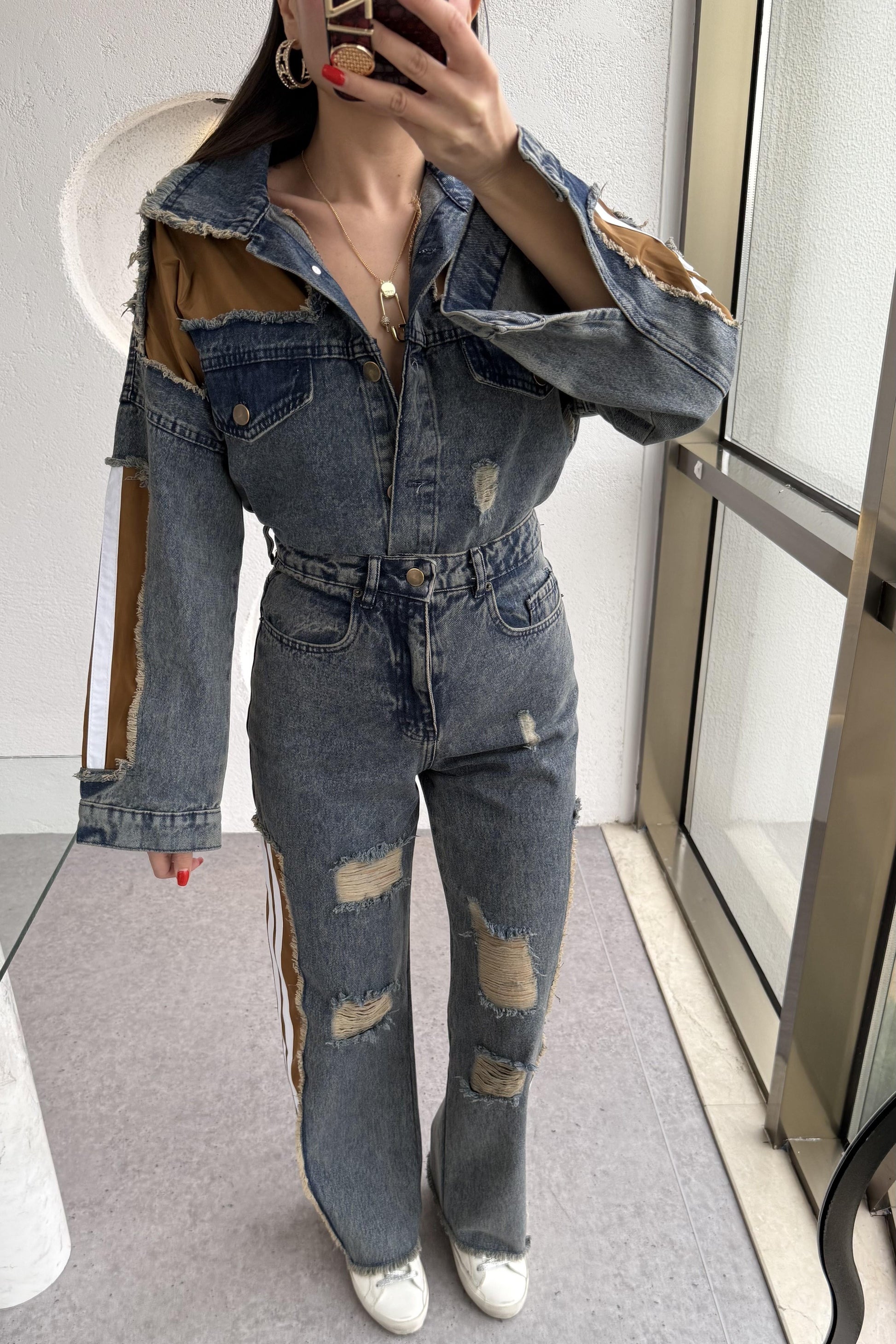 Senita Kenarları Kahve Denim Yırtıklı Takım