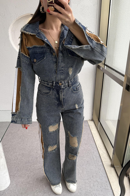 Senita Kenarları Kahve Denim Yırtıklı Takım