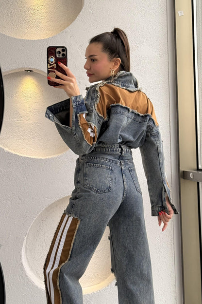 Senita Kenarları Kahve Denim Yırtıklı Takım