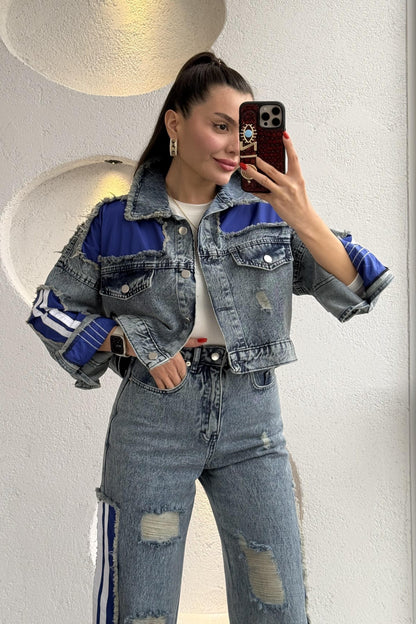 Senita Kenarları Lacivert Denim Yırtıklı Takım