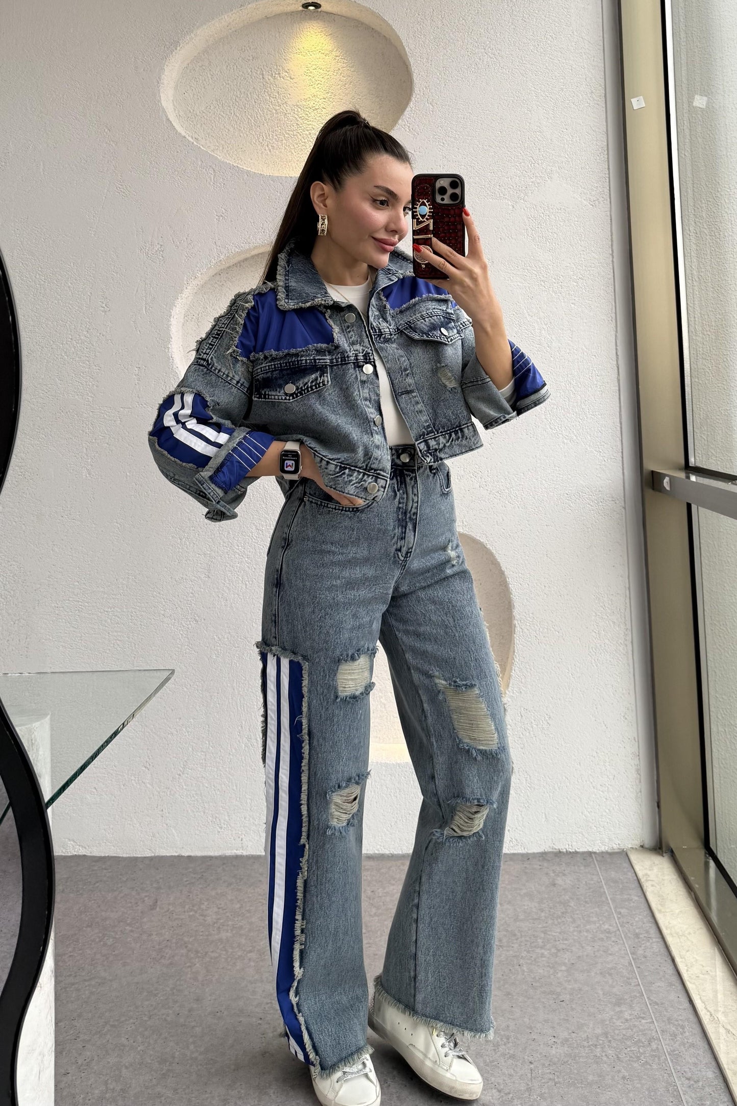 Senita Kenarları Lacivert Denim Yırtıklı Takım