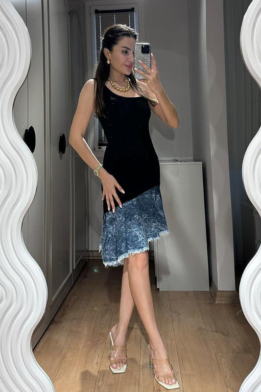 Senya Eteği Denim Detaylı Tasarım Elbise