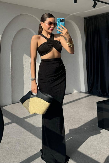 Senya Premium Balık Etek Crop Takım-Siyah