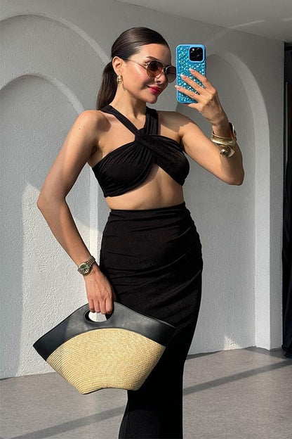 Senya Premium Balık Etek Crop Takım-Siyah