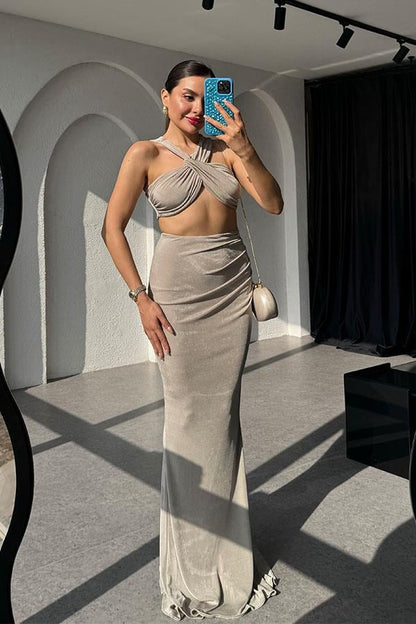 Senya Premium Balık Etek Crop Takım-Vizon