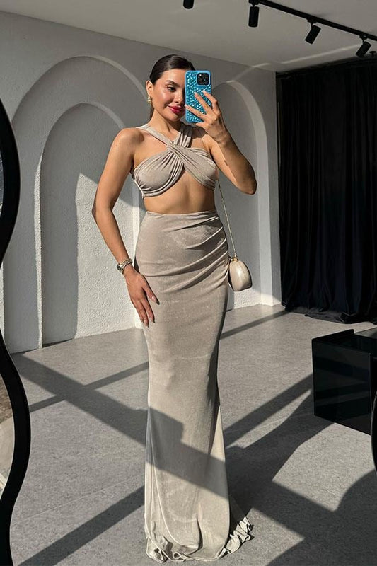 Senya Premium Balık Etek Crop Takım-Vizon