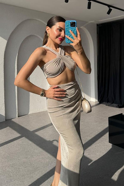 Senya Premium Balık Etek Crop Takım-Vizon