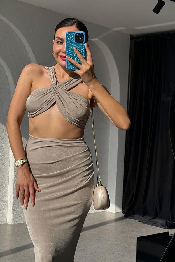 Senya Premium Balık Etek Crop Takım-Vizon