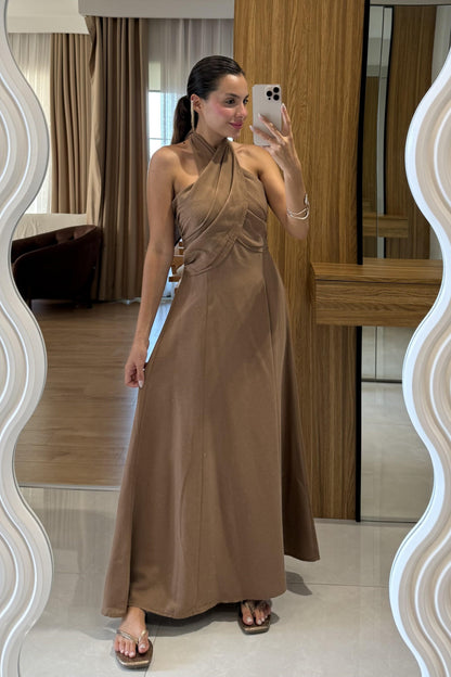 Serena Kahve Boyundan Bağlamalı Çan Elbise
