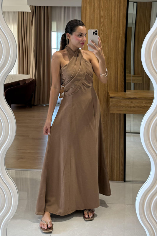 Serena Kahve Boyundan Bağlamalı Çan Elbise