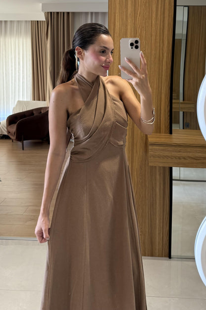 Serena Kahve Boyundan Bağlamalı Çan Elbise