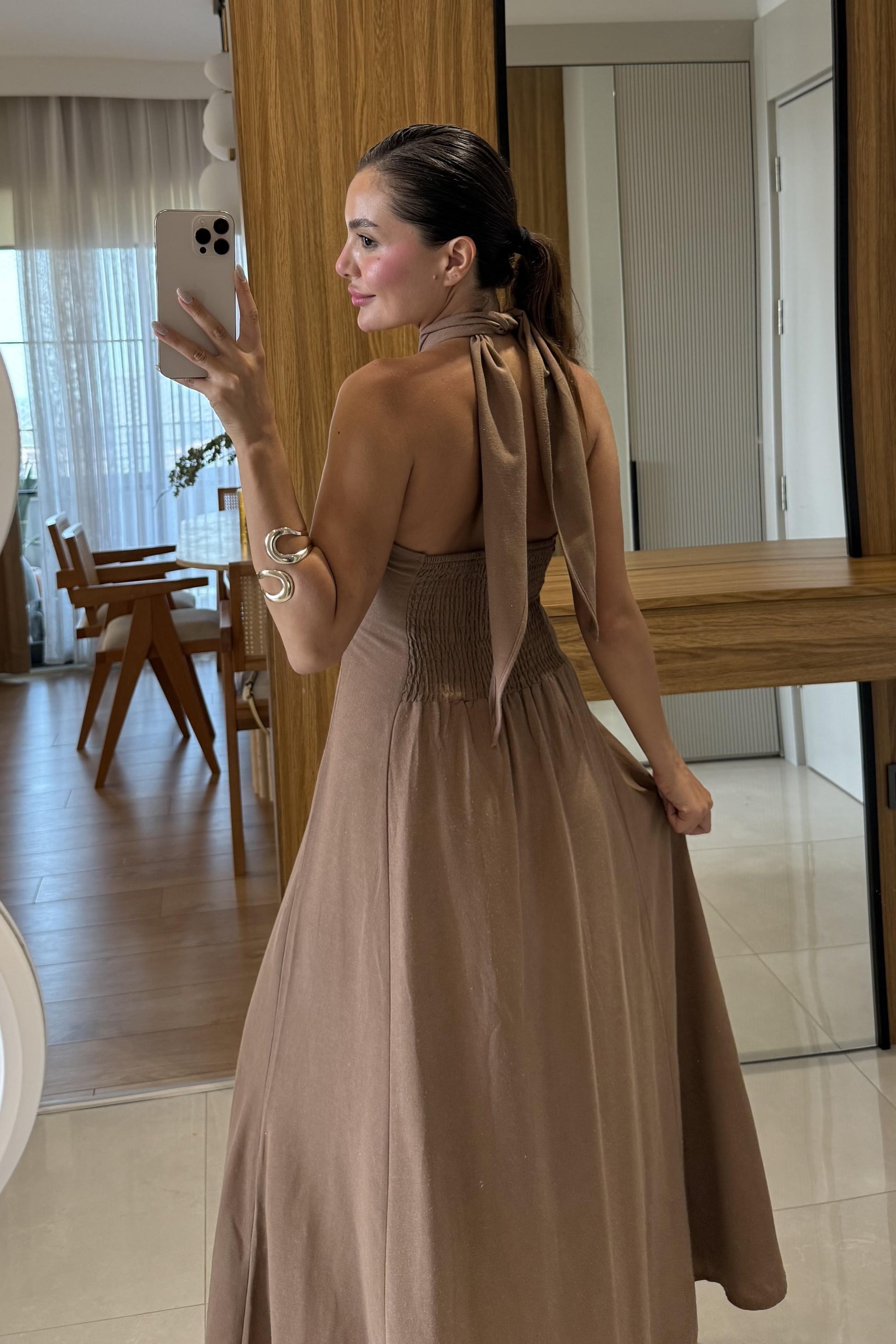 Serena Kahve Boyundan Bağlamalı Çan Elbise