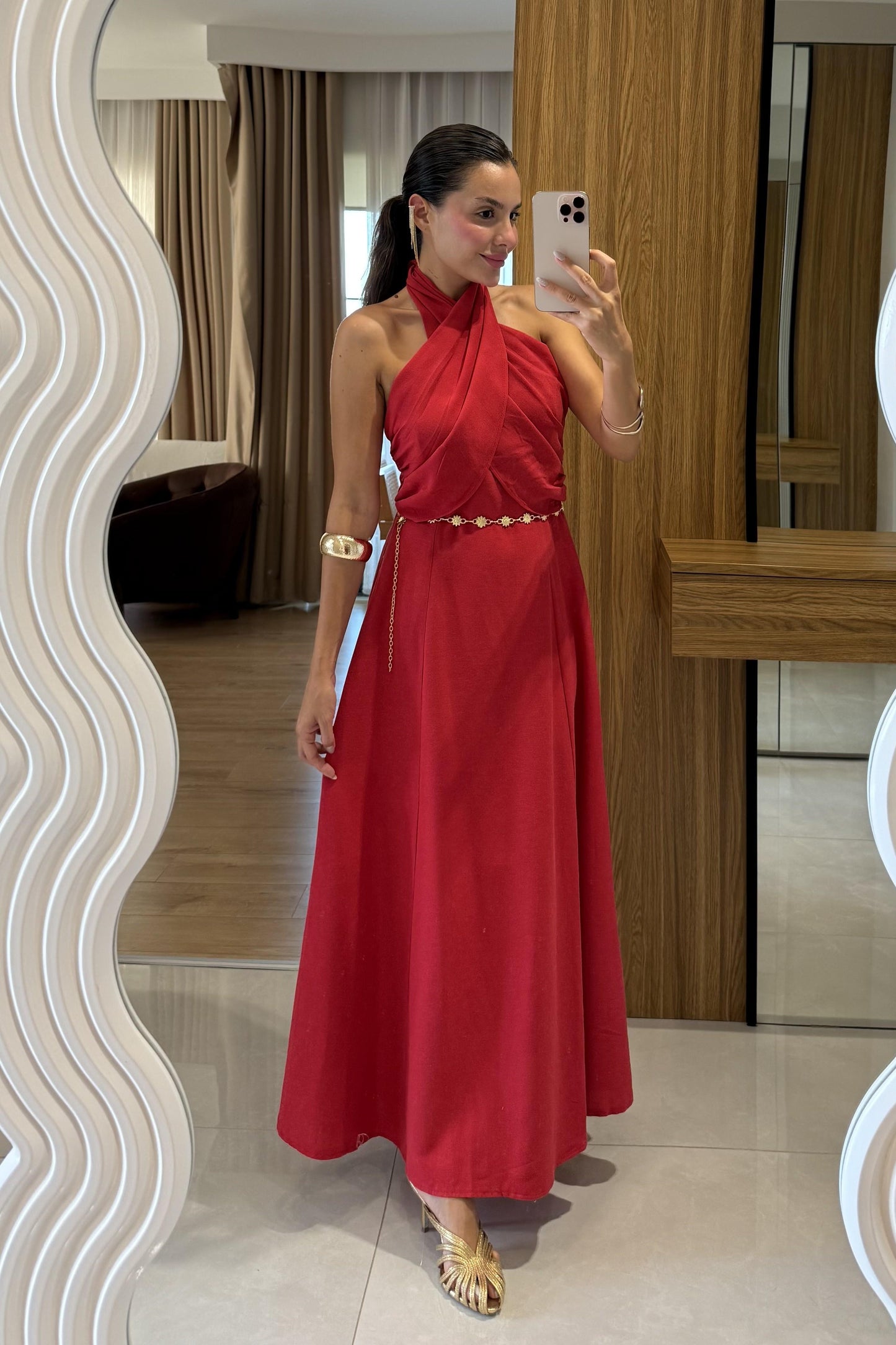 Serena Kırmızı Boyundan Bağlamalı Çan Elbise