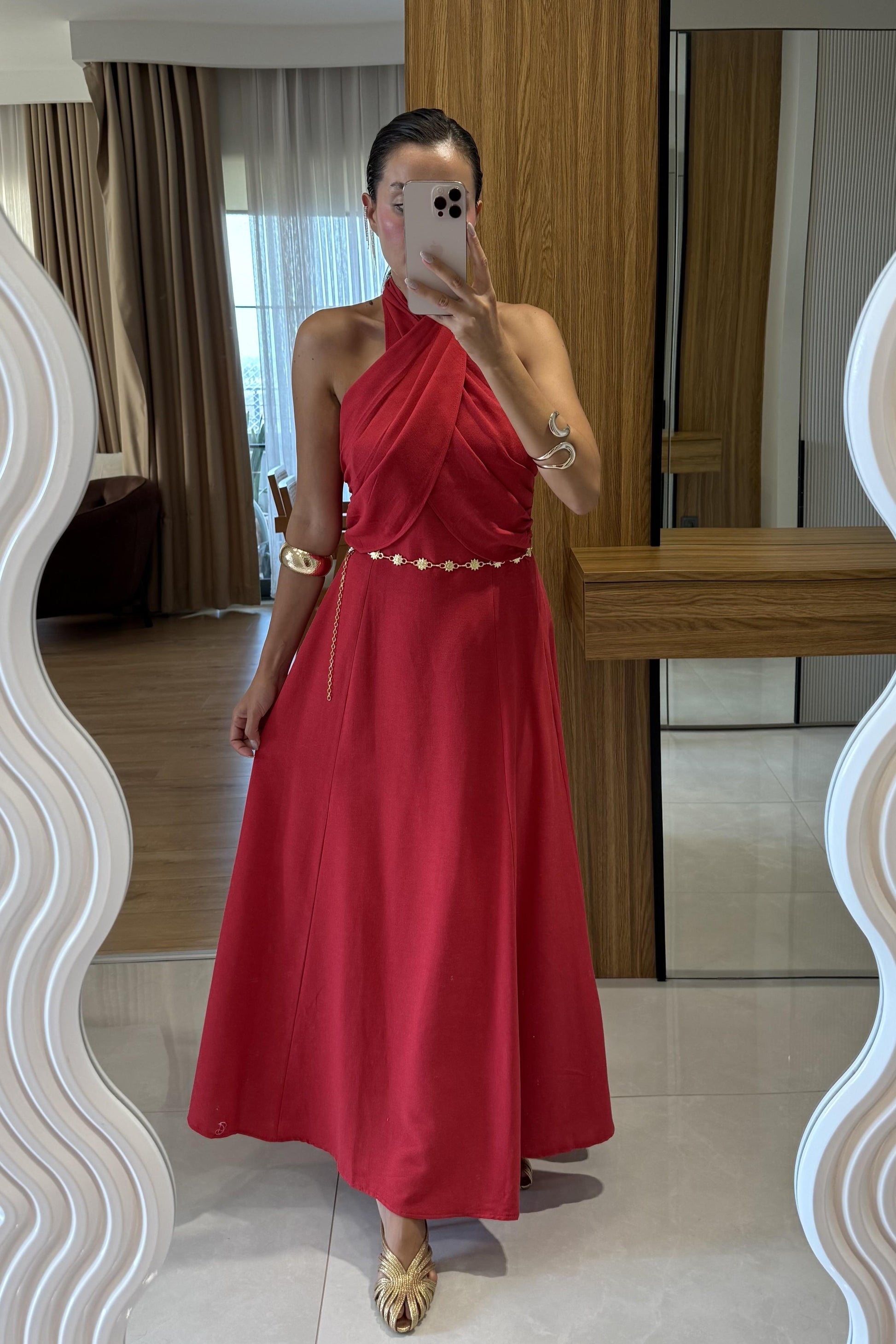 Serena Kırmızı Boyundan Bağlamalı Çan Elbise