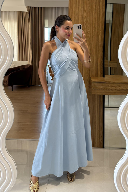 Serena Mavi Boyundan Bağlamalı Çan Elbise