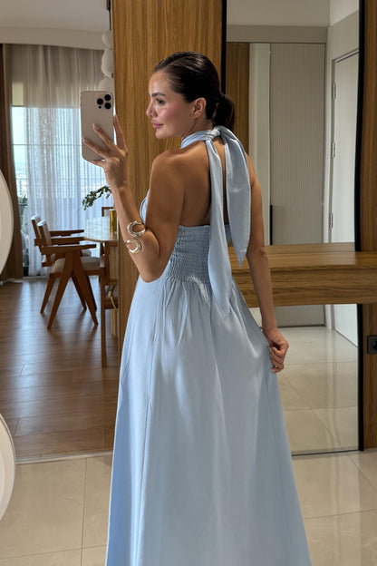 Serena Mavi Boyundan Bağlamalı Çan Elbise